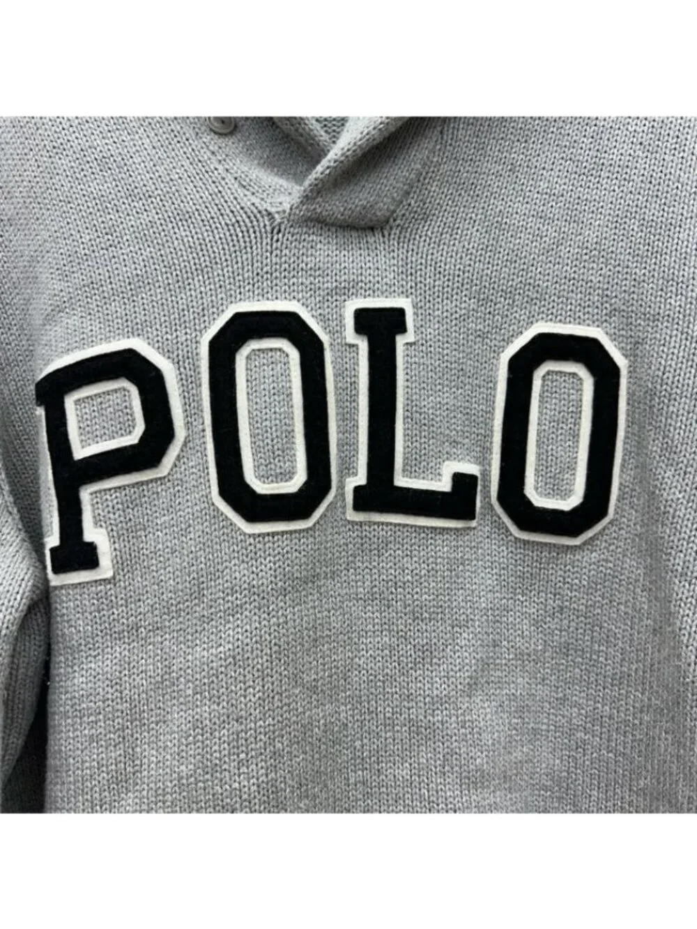 Polo Ralph Lauren Grey Shawl Collar Spellout Letterman Cotton Sweater Mens XL
